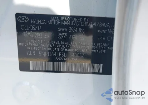 2020 Hyundai Elantra Sel z USA, uszkodzony, nr VIN 5NPD84LF5LH548052